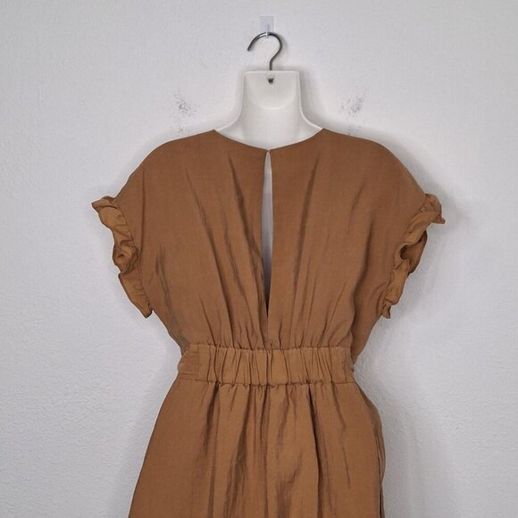 Zara Tie Waist Mini Dress Sz M Elastic Waist Safari Minimalist Neutral Boho - Picture 6 of 16